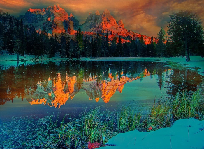 body of water sunset nature landscape lake mountains forest 2k