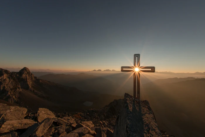 Crossing sun cross on mountain summit sunrise christian 2k 4k 5k