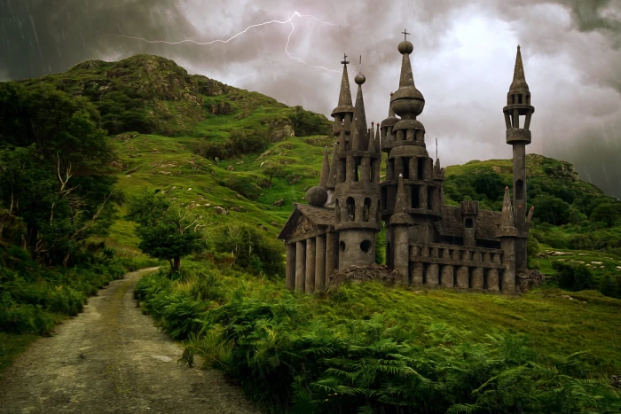 gray castle on green grass field under cloudy sky fantasy landscape 2k