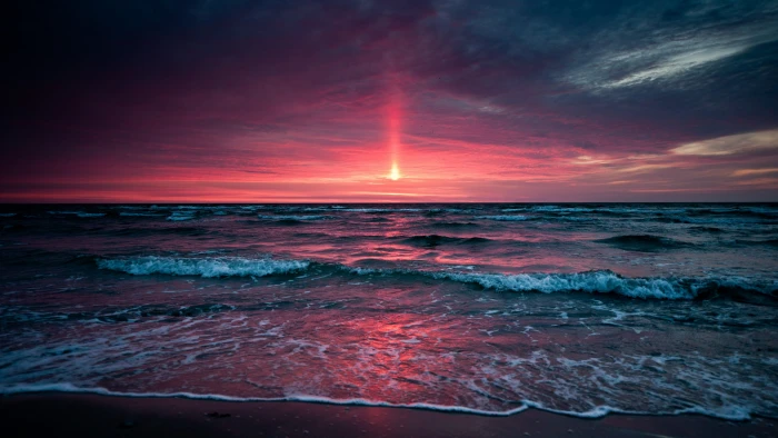 horizon sea sky ocean shore sunset dusk wave beach 2k 4k