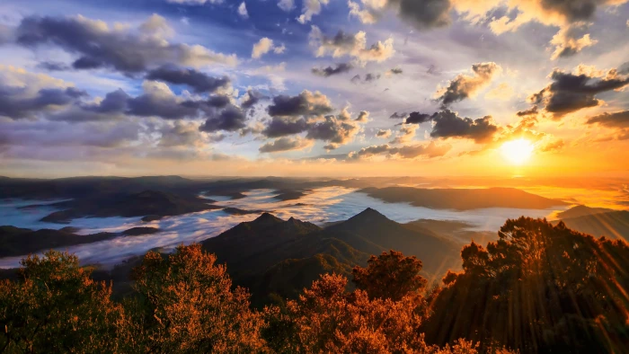 landscape photo of mountains and trees nature sunset forest 2k 4k