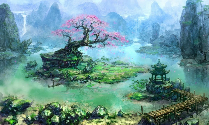 pagoda near body of water and tree painting artwork fantasy art 2k