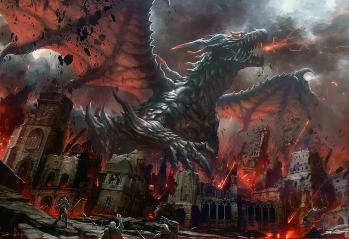 red and black dragon digital wallpaper fantasy art city 2k
