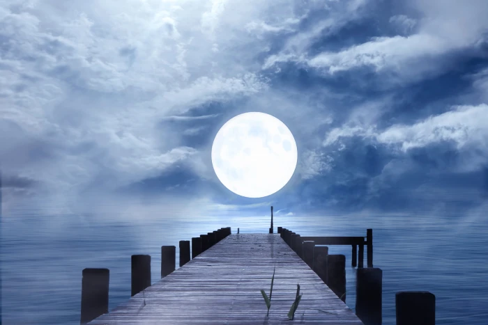 sea dock facing the ocean and full moon good night moonlight 2k 4k 5k