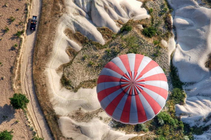 white and red hot air balloon landscape aerial view nature 2k