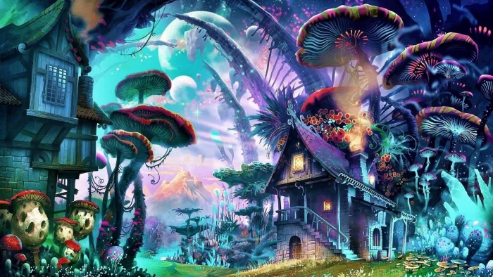 art mushrooms mushroom house tree psychedelic graphics 2k 4k