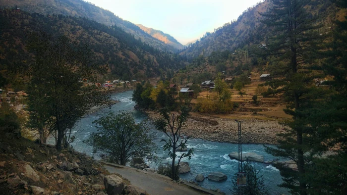azad jammu and kashmir river scenery trees mountain water 2k 4k
