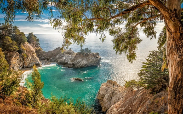 Big Sur landscape nature California beach coves waterfall 2k