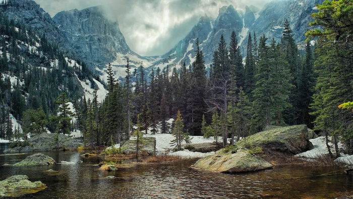 body of water and trees nature landscape mountains forest 2k