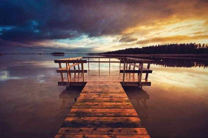brown wooden dock lake pier clouds sunset nature water 2k 4k