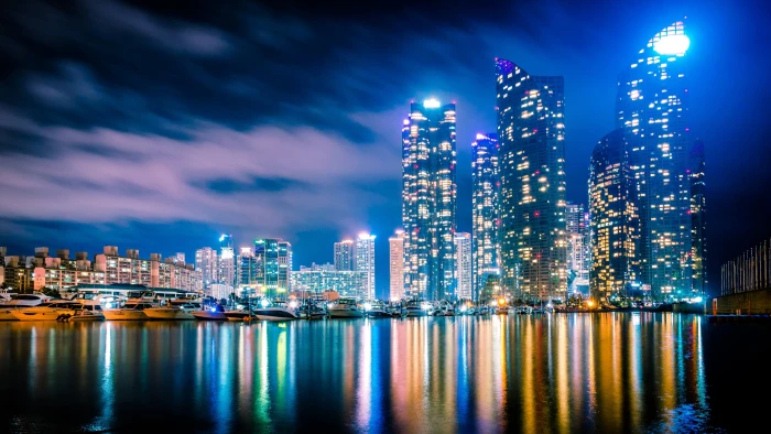 building yachts night city boats skyscrapers South Korea 2k