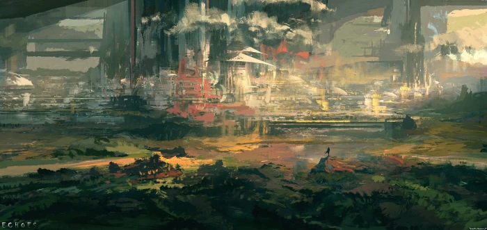 city near body of water wallpaper landscape painting artwork 2k 4k