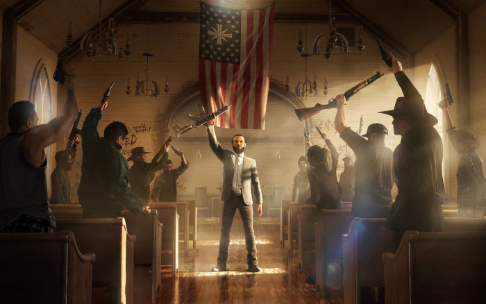 Far Cry 5 group of people real men indoors 2k 4k