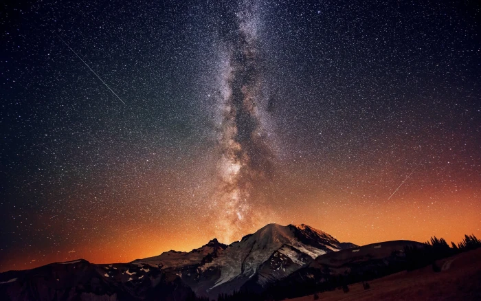 galaxy digital wallpaper gray mountain during night sky stars 2k