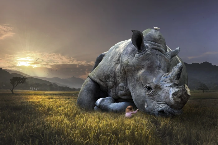 girl sitting beside rhino crying laying on green grass field 2k