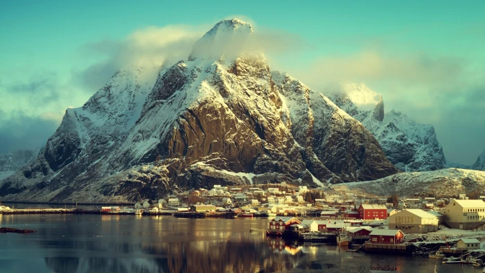 landscape reine fjord peak lofoten norway winter mountain range 2k 4k