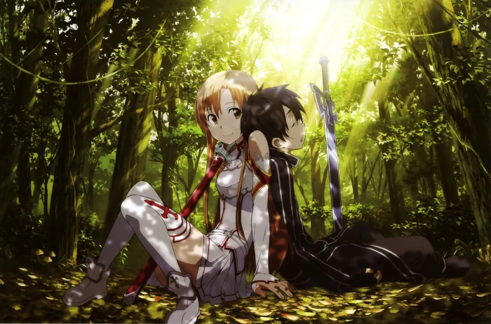 man and woman anime character Yuuki Asuna Kirigaya Kazuto Sword Art Online 2k 4k