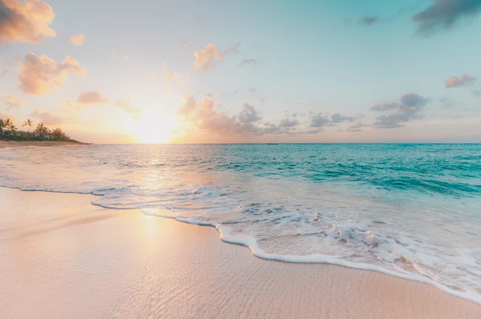 seashore during golden hour white sand beach with calm water at sunset 2k 4k 5k