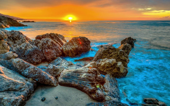 Sunset Rocks Sea Beach Background Hd 2k