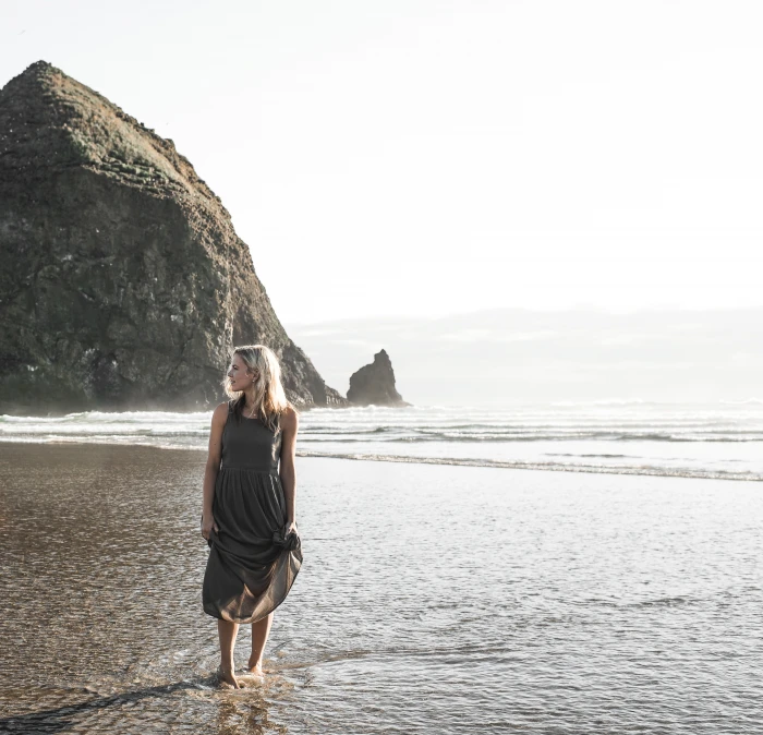 woman in gray dress standing on beach photo brown sleeveless 2k