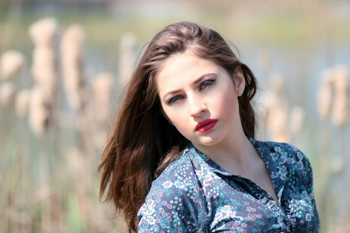 woman wearing blue and white floral collard top girl portrait 2k 4k