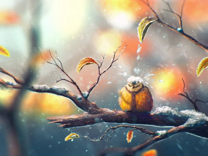 yellow and brown bird illustration selective focus photography of on tree branch 2k