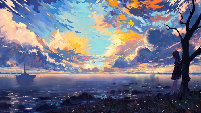 anime landscape art painting sea ship 2k 4k