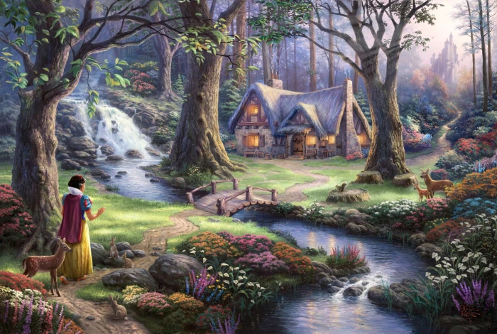 brown house between trees wallpaper fantasy art fairies Thomas Kinkade 2k