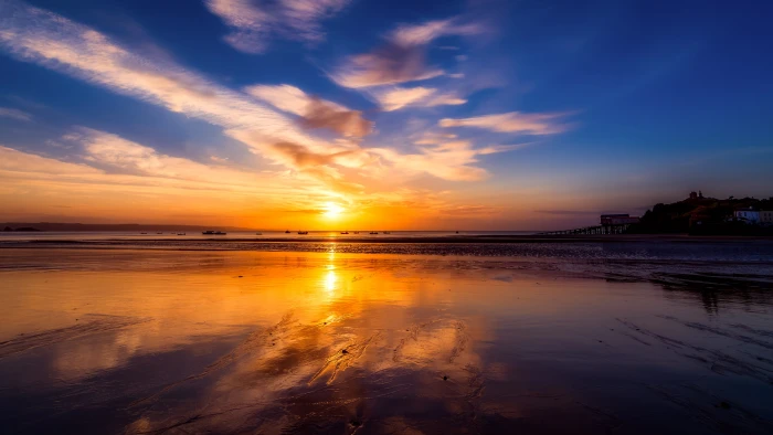 calm body of water at golden hour Sunrise Beach Sand 2k 4k 5k