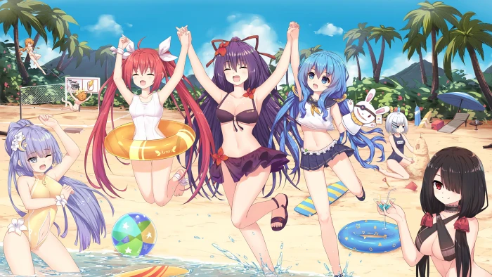 group of girl anime characters on seashore wallpaper girls 2k 4k