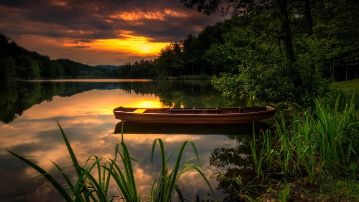 Landscape Nature Sunset Orange Sky Forest Lake Boat Green Grass Reflection In Water Desktop Wallpaper Hd 2k 4k 5k