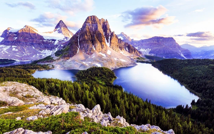 mountain range with lake surrounded by pine trees landscape 2k