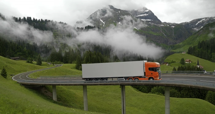 orange and white freight truck Nature Clouds Mountains Bridge 2k 4k