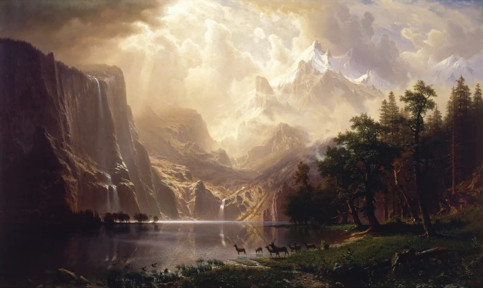 painting landscape mountains clouds artwork Albert Bierstadt 2k 4k