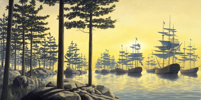 Rob Gonsalves surreal artwork ship nature trees 2k