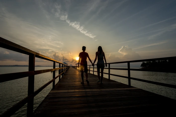 silhouette of man and woman holding hands walking on brown wooden dock during golden hour 2k 4k 5k