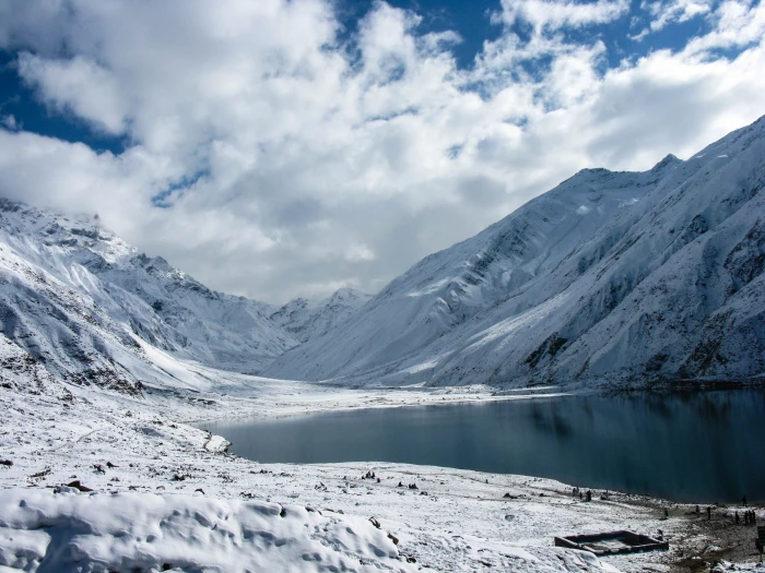 snow mountain and body of water lake nature landscape sky 2k 4k