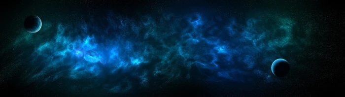 two planets digital art space blue dual display nebula stars 2k 4k 5k
