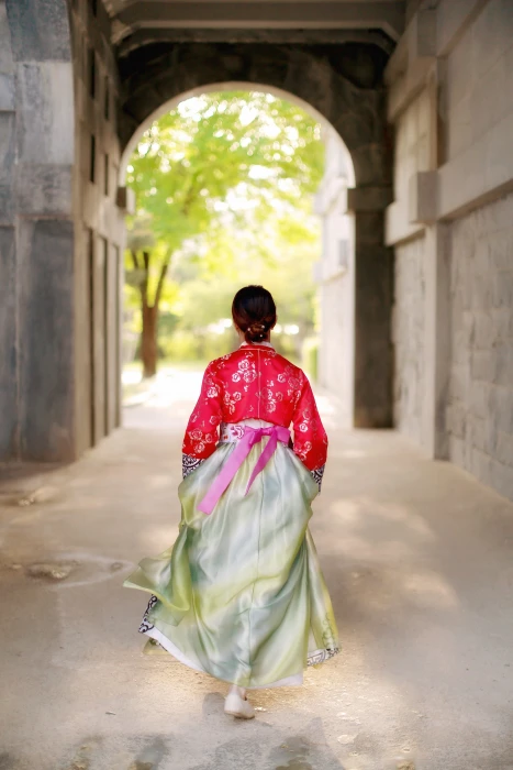 walking woman wearing red and grey traditional dress korean 2k 4k