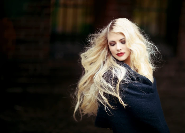 woman in black coat portrait girl blond hair long blonde 2k 4k 5k