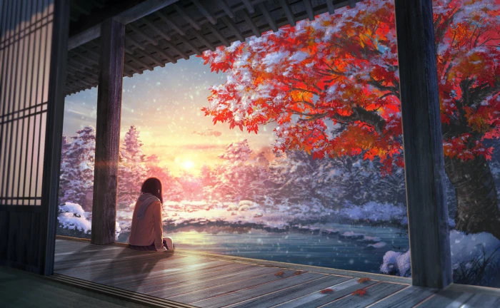 women s white jacket winter calm anime girls sunset artwork 2k
