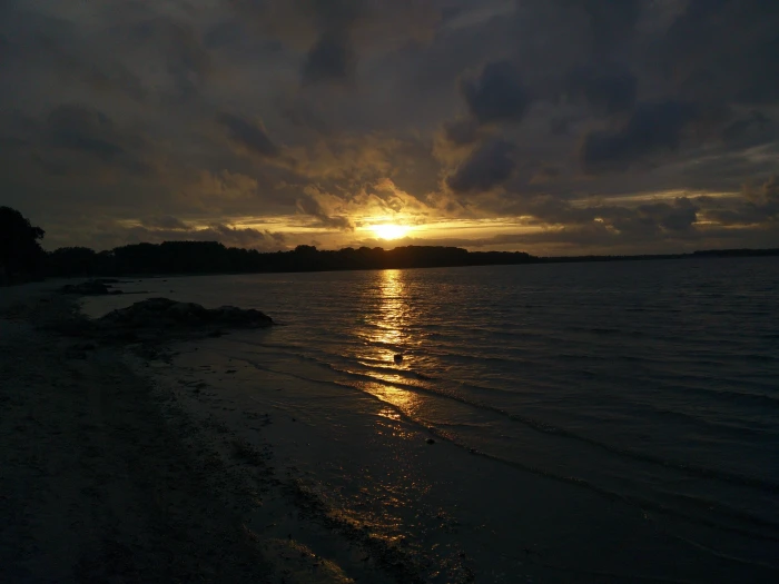 brown and black wooden table beach sky water sunset sea 2k 4k