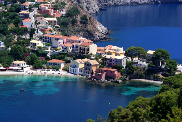 houses near body of water sea bay assos village island kefalonia 2k 4k