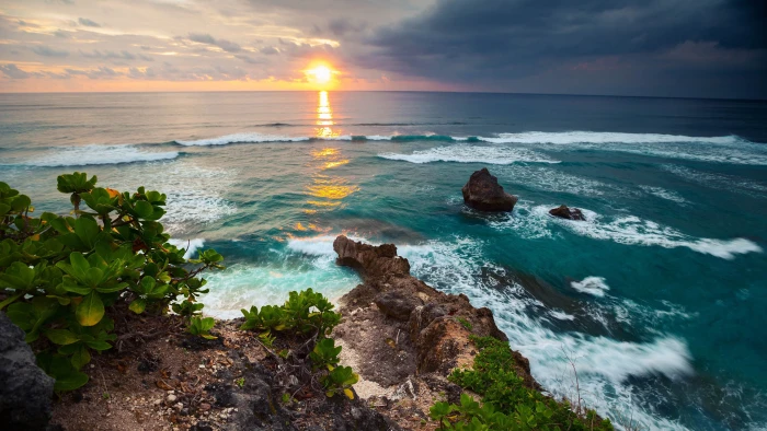 Indonesia Bali island tropical nature scenery sea waves sunset 2k 4k