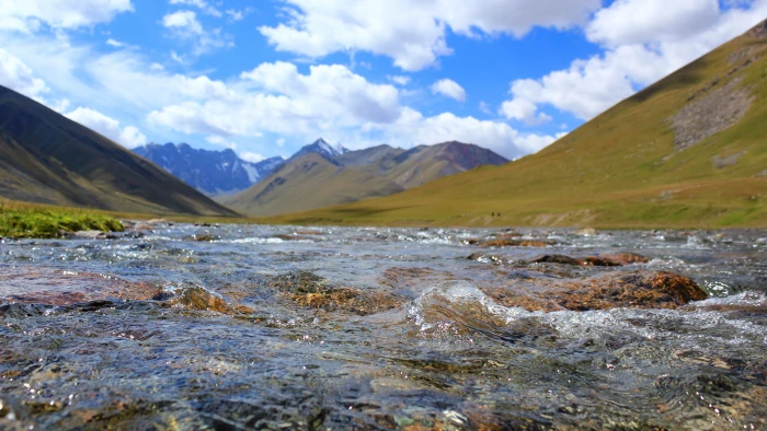 kyrgyzstan landscape mountains clouds sky blue day water 2k 4k 5k