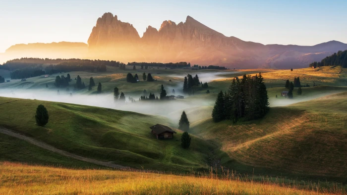 mountain village mist misty alps cabin shanty shack alpe di siusi 2k 4k