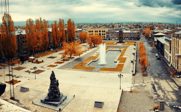 Armenia Gyumri orange leafed tree City Autumn Scenery Buildings 2k 4k
