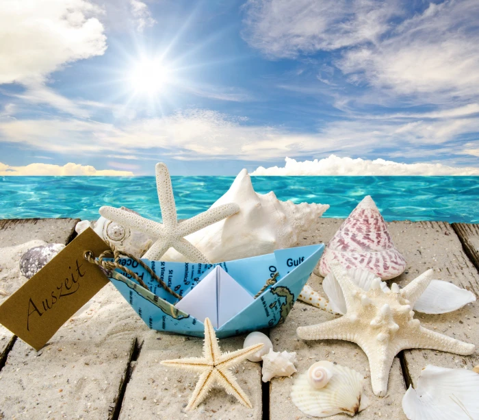 blue and white paper boat seashell lot beach the sun 2k 4k