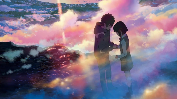 boy and girl holding hands standing on rock wallpaper Your Name anime 2k 4k 5k 8k