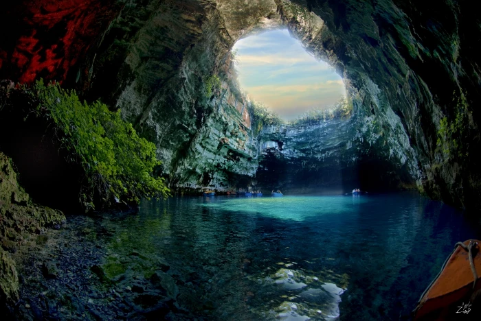 Caves Blue Cliff Greece Melissani Cave Nature Sunlight 2k 4k